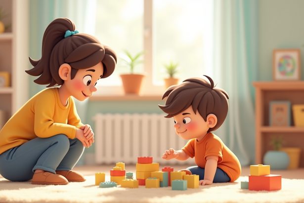 Жінка спостерігає за молодим хлопчиком, який уважно грає з кубиками в ігровій кімнаті.