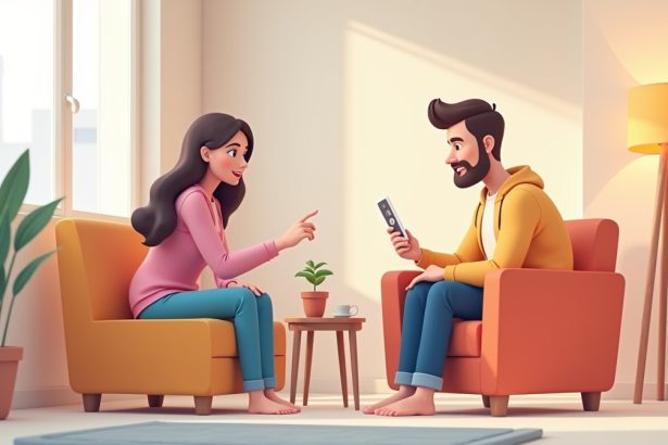 Батьки обговорюють стратегії виховання, уважно стежачи за дитиною через монітор у сучасній вітальні.