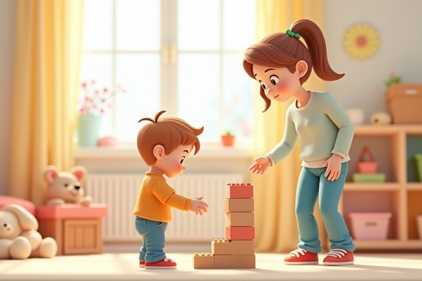 Мати спостерігає за маленьким хлопчиком, який грається, будуючи вежу з кубиків у ігровій кімнаті.