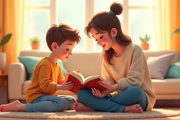 Мама з дитиною переглядають книги з виховання в затишній кімнаті, вивчаючи поради для розвитку малюка.