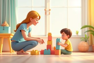 Мати спостерігає за дитиною, яка грає з конструктором у яскравій і веселій ігровій кімнаті.