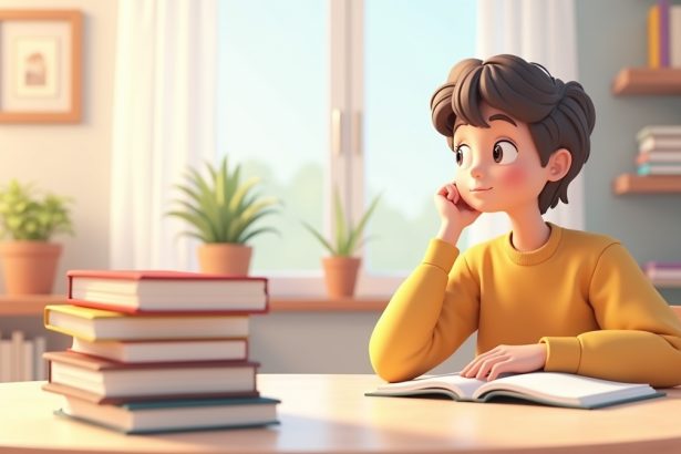 Студент сидить окремо від книжкової купи, задумливо дивлячись у яскравій навчальній кімнаті.