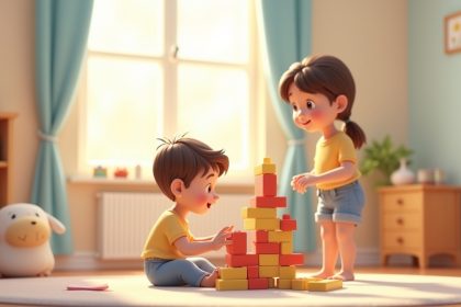 Мати спостерігає за малим хлопчиком, який зосереджено будує вежу з кубиків у яскравій і затишній ігровій кімнаті.