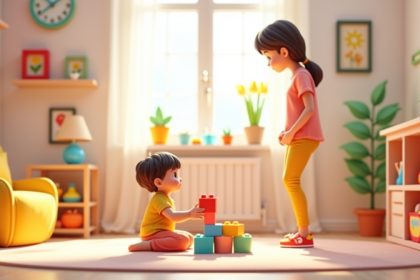 Мати спостерігає за дитиною, яка грає з блоками в яскравій та привітній кімнаті, заохочуючи творчість і розвиток.