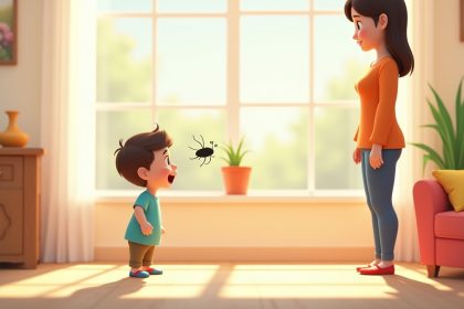 Жінка уважно спостерігає за малим хлопчиком, який злякався від мухи у світлій вітальні.