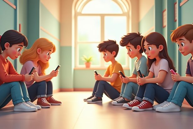Група підлітків сидить у шкільному коридорі, занурені у свої смартфони, виглядаючи стурбованими і замисленими.