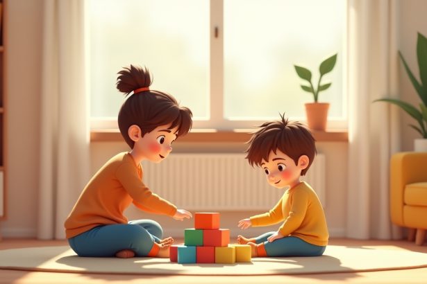 Мати підтримує сина у творчості з кольоровими блоками в затишній кімнаті, сприяючи його самовираженню.