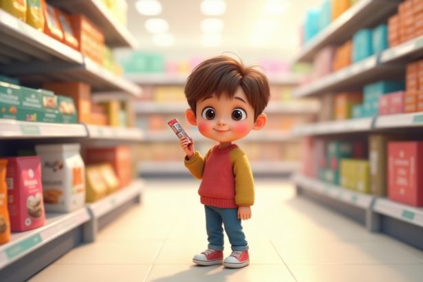 Дитина з пиріжком у продуктовому магазині, грайливо посміхається, підкреслюючи цікавість до смаколиків.