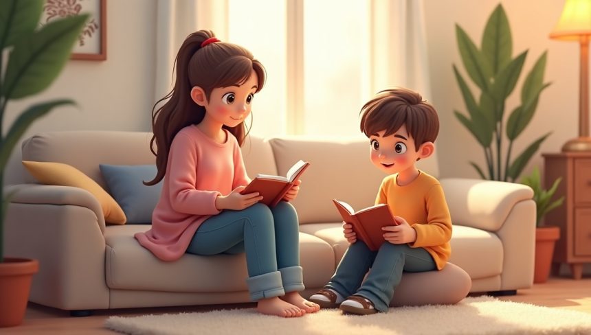 Мати спостерігає за підлітком, який читає книгу, у затишній кімнаті, створюючи атмосферу підтримки та розвитку.