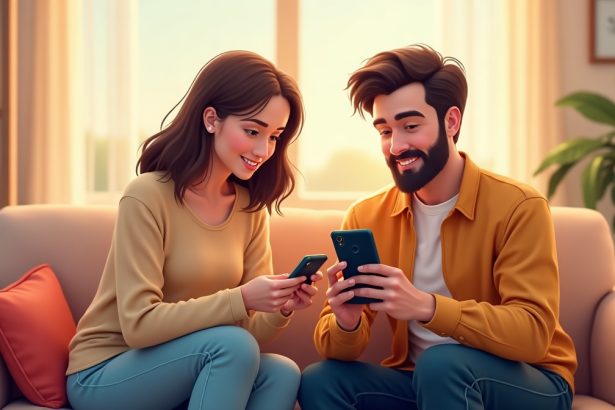 Чоловік і жінка в затишному living room досліджують старий мобільний телефон, пізнаючи технології минулого.