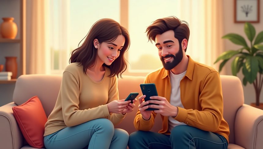 Чоловік і жінка в затишному living room досліджують старий мобільний телефон, пізнаючи технології минулого.