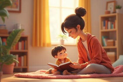 Жінка уважно читає книгу в затишному куточку, створюючи атмосферу для розвитку уяви у дитини.
