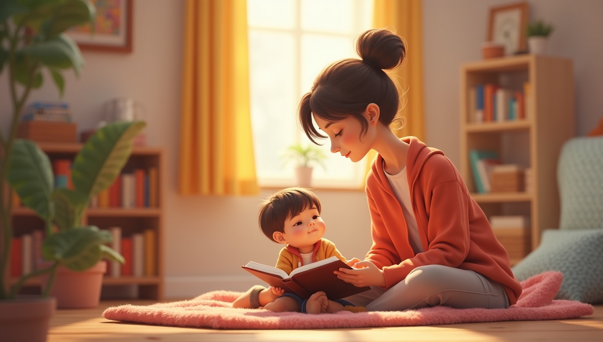 Жінка уважно читає книгу в затишному куточку, створюючи атмосферу для розвитку уяви у дитини.