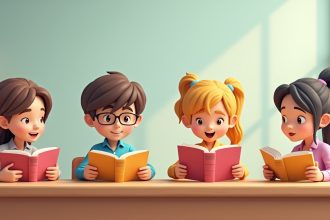 Група студентів самостійно читає книги з критичного мислення за столом у світлому класі.