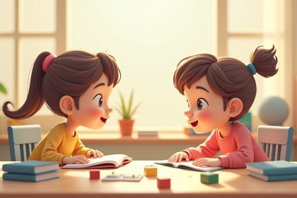 Мати і дитина обговорюють лідерські якості, поруч розкидані іграшки та навчальні матеріали.