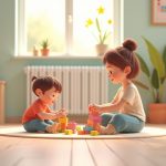 Мати спостерігає за дитиною, яка грає з кубиками в затишній ігровій кімнаті, виховуючи самостійність і творчість.