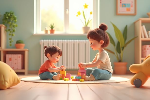 Мати спостерігає за дитиною, яка грає з кубиками в затишній ігровій кімнаті, виховуючи самостійність і творчість.