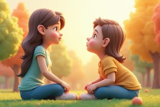 Мати і дитина обговорюють емпатію і доброту на фоні яскравого парку, зосереджені на важливості взаєморозуміння.