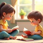 Мати спостерігає за дитиною, яка досліджує барвисті книжки в затишному куточку для читання.