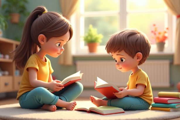 Мати спостерігає за дитиною, яка досліджує барвисті книжки в затишному куточку для читання.