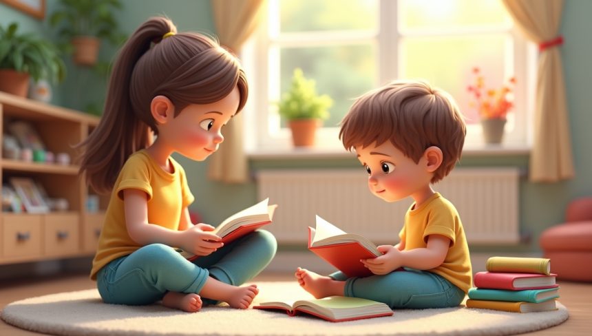 Мати спостерігає за дитиною, яка досліджує барвисті книжки в затишному куточку для читання.