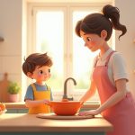 Дитина допомагає матері з домашніми обов'язками в затишній кухні, формуючи навички співпраці та відповідальності.