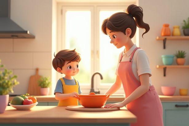 Дитина допомагає матері з домашніми обов'язками в затишній кухні, формуючи навички співпраці та відповідальності.