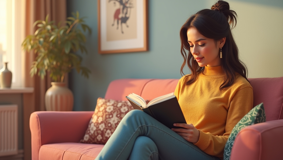 Жінка читає книгу про вплив музики на мозок у затишній вітальні, що сприяє спокою та натхненню.