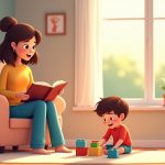 Жінка читає книгу, спостерігаючи, як малий хлопчик грає з конструктором у затишній вітальні.