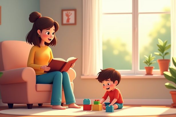 Жінка читає книгу, спостерігаючи, як малий хлопчик грає з конструктором у затишній вітальні.