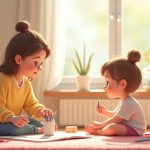 Мати спостерігає за дитиною, яка самостійно грає з художніми матеріалами в освітленій кімнаті.